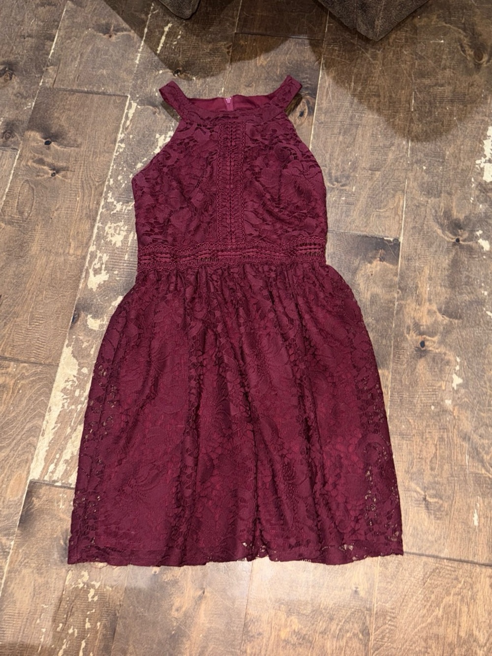 by & by Burgundy Lace Halter Dress